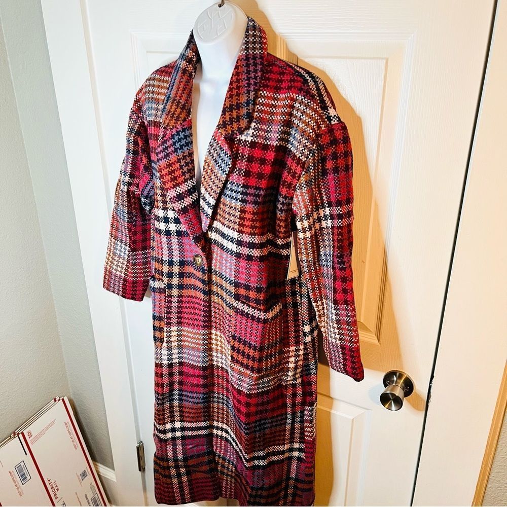 Red Dress Boutique Aura Ready For Change Berry Plaid Coat Oversized Pink Blue S - Picture 8 of 13
